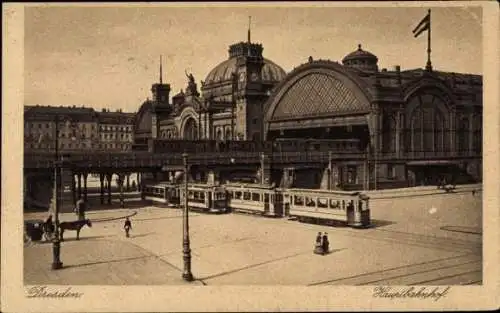 Ak Dresden Altstadt Seevorstadt, Hauptbahnhof, Straßenbahn