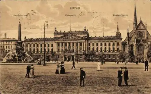 Ak Leipzig in Sachsen, Mendebrunnen, Universität, Paulinerkirche