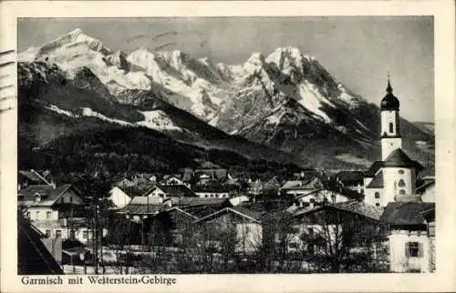 Ak Garmisch Partenkirchen in Oberbayern, Panorama, Kirche, Wetterstein-Gebirge