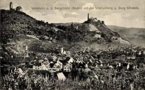 Ak Weinheim an der Bergstraße Baden, Panorama, Wachenburg, Burgruine Windeck