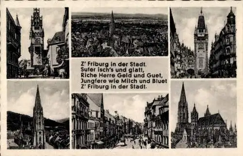 Ak Freiburg im Breisgau, Luftbild, Münster, Straße, Gedicht