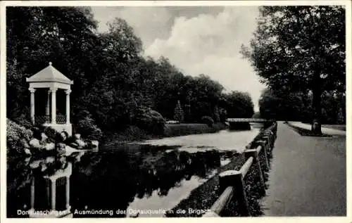 Ak Donaueschingen im Schwarzwald, Ausmündung Donauquelle in die Brigach, Pavillon