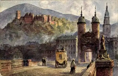 Künstler Ak Heidelberg am Neckar, alte Brücke, Denkmal Kurfürst Karl Theodor, Schloss