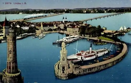 Ak Lindau am Bodensee Schwaben, Panorama, Hafen, Brücke, Leuchtturm, Dampfer