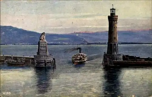 Ak Lindau am Bodensee Schwaben, Hafeneinfahrt, Dampfer, Leuchtturm