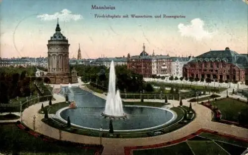 Ak Mannheim in Baden, Friedrichsplatz, Wasserturm, Rosengarten