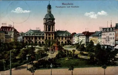 Ak Mannheim, Paradeplatz, Kaufhaus mit Brunnen, Denkmal