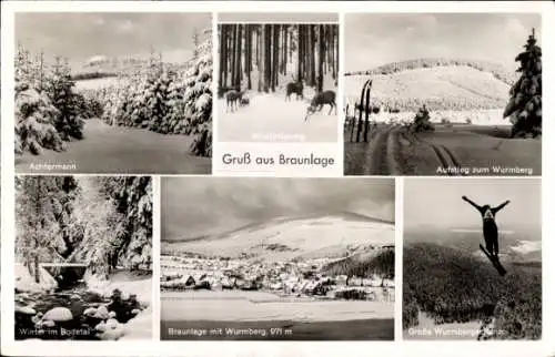 Ak Braunlage im Oberharz, Panorama, Achtermann, Große Wurmbergschanze, Winter im Bodetal