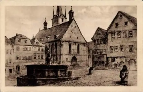 Künstler Ak Pößneck in Thüringen, Marktplatz, Rathaus, Brunnen