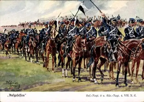 Künstler Ak Döbrich-Steglitz, Husaren Regiment 8, Kürassier Regiment 4