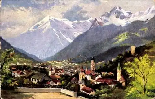 Künstler Ak Meran Merano Südtirol, Gesamtansicht der Stadt, Kirche, Berggipfel