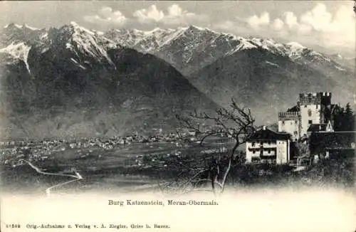 Ak Obermais Maia Alta Meran Merano Südtirol, Burg Katzenstein, Panoramablick