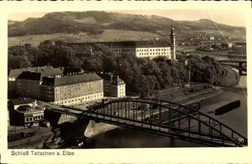 Ak Děčín Tetschen an der Elbe Region Aussig, Schloss, Brücke