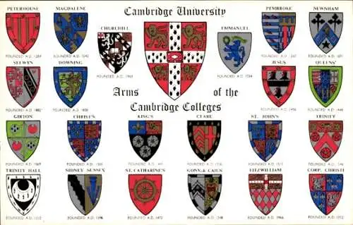 Wappen Ak Cambridge East England, University, Arms of the Colleges, Peterhouse, Churchill, Newnham