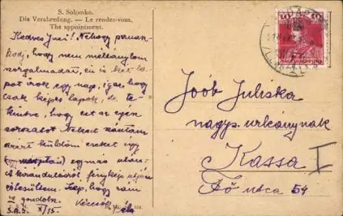 Künstler Ak Solomko, S., Verabredung, Frau in Tracht, Hund