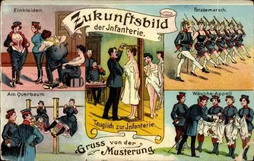 Litho Zukunftsbild der Infanterie, Gruß von der Musterung, Frauen beim Militär