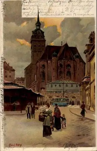 Künstler Litho Hey, Paul, München Bayern, Victualienmarkt mit Peterskirche