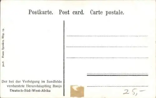 Ak Namibia Deutsch Südwestafrika, der bei der Verfolgung im Sandfelde verdurstete Hererohäuptling