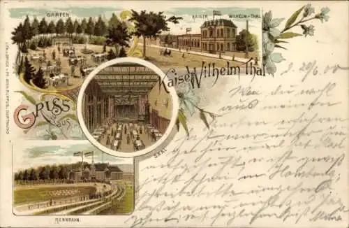 Litho Dortmund im Ruhrgebiet, Gasthaus Kaiser Wilhelm Thal, Innenansicht, Pferderennbahn