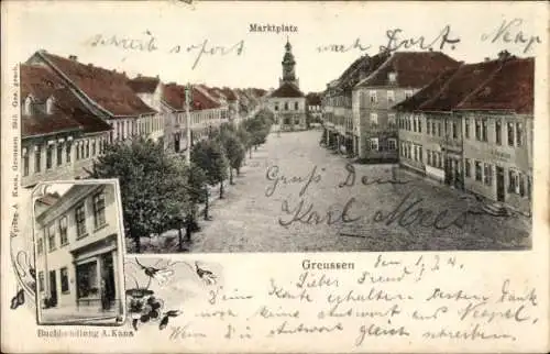 Ak Greußen in Thüringen, Marktplatz, Buchhandlung A. Kana