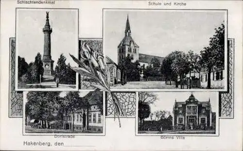 Ak Hakenberg Fehrbellin Brandenburg, Schlachtendenkmal, Schule, Kirche, Dorfstraße, Görrns Villa