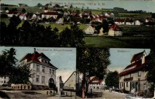 Ak Sulgen Schramberg im Schwarzwald, Panorama, Schulhaus mit Kriegerdenkmal, Straßenpartie