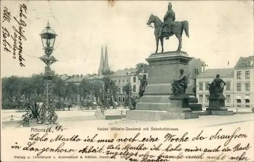 Ak Hamburg Altona, Kaiser Wilhelm Denkmal mit Bahnhofstraße