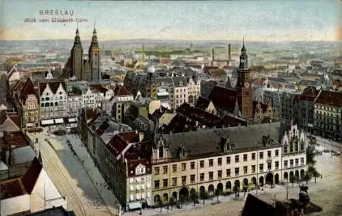 Ak Wrocław Breslau Schlesien, Ring, Kirche, Wohnhäuser, Rathaus