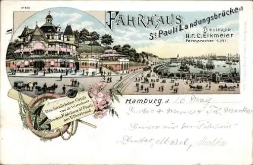 Litho Hamburg St. Pauli, Fährhaus, Landungsbrücken