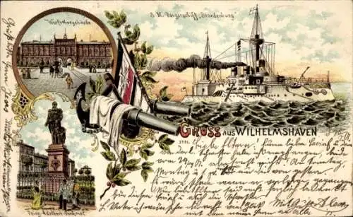 Litho Wilhelmshaven, Werfttorgebäude, Prinz Adalbert Denkmal, Panzerschiff SMS Brandenburg