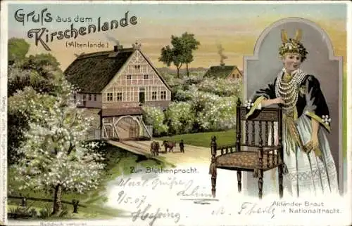 Litho Kirschenland, Blüte, Altländer Braut in Tracht