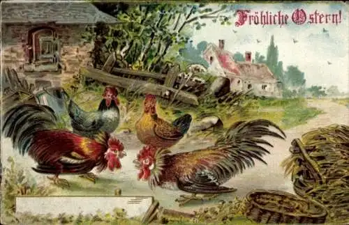 Präge Ak Glückwunsch Ostern, Zwei Hähne streiten sich, Bauernhof