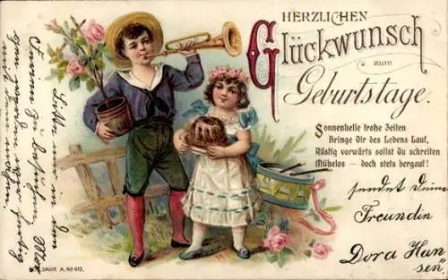 Litho Glückwunsch Geburtstag, Junge mit Trompete, Mädchen mit Napfkuchen, Rosen, Trommel