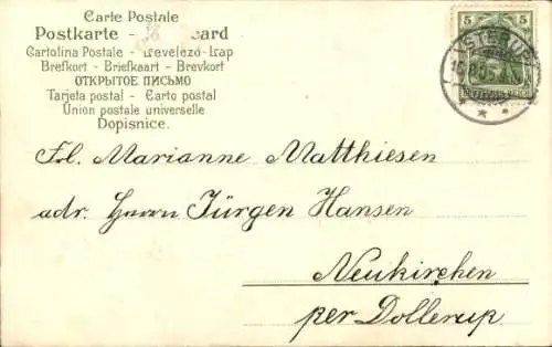 Litho Glückwunsch Geburtstag, Junge mit Trompete, Mädchen mit Napfkuchen, Rosen, Trommel