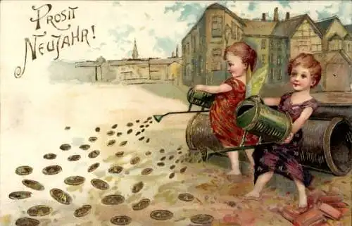 Präge Litho Glückwunsch Neujahr, Kinder, Gießkannen, Münzen