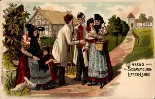 Litho Schaumburger Lipper Lande, Familie in Schaumburger Trachten, Bauernhof