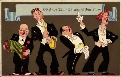 Präge Ak Glückwunsch Geburtstag, Musizierende und singende Gratulanten