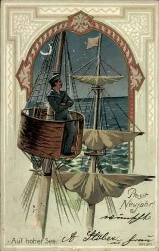 Passepartout Litho Glückwunsch Neujahr, Marinesoldat, Kriegsschiff, Einsame Wacht