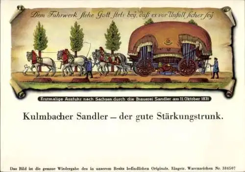 Ak Erstmalige Ausfuhr nach Sachsen durch die Brauerei Sandler am 11. Oktober 1831, Fuhrwerk