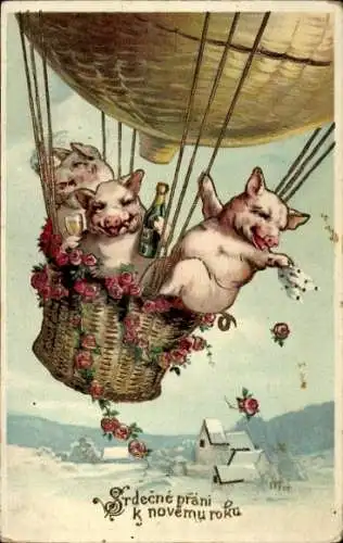 Ak Glückwunsch Neujahr, Schweine in einem Fesselballon, Champagnerflasche, Rosen