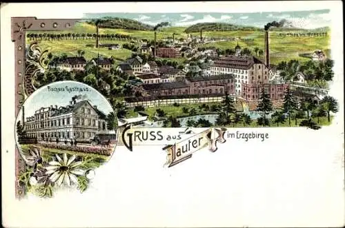 Litho Lauter Bernsbach im Erzgebirge Sachsen, Gesamtansicht, Fischers Gasthaus