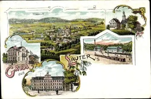 Litho Lauter Bernsbach im Erzgebirge Sachsen, Post, Kirche, Bahnhof, Schule