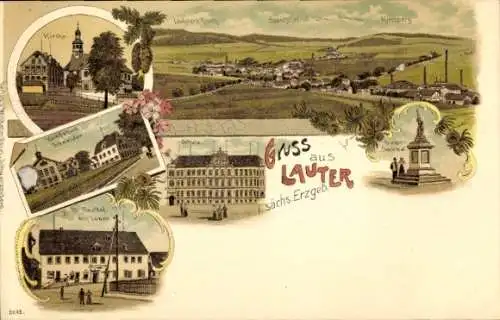 Litho Lauter Bernsbach Erzgebirge, Totalansicht, Kirche, Korbfabrik Schneider, Gasthof zum Löwen