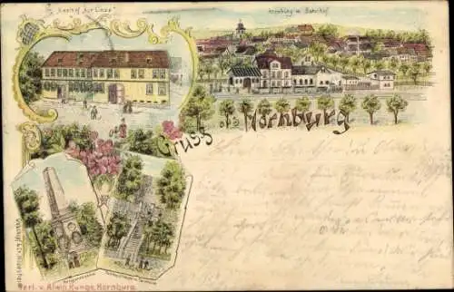 Litho Hornburg Mansfelder Land, Gasthof zur Linde, Bahnhof, Kriegerdenkmal