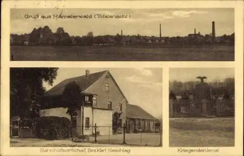 Ak Hämelerwald Lehrte in Niedersachsen, Bahnhofswirtschaft, Totalansicht, Kriegerdenkmal