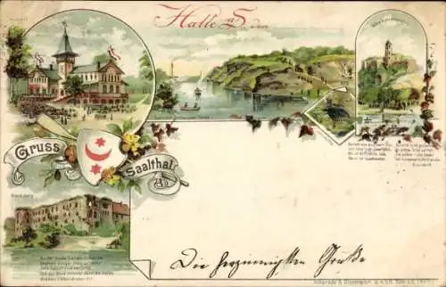 Litho Halle an der Saale, Moritzburg, Peißnitz, Ruine Giebichenstein, Wappen