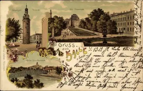 Litho Halle an der Saale, Leipziger Turm, Alte Promenade, Ruine Giebichenstein, Brücke