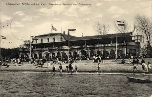 Ak Möltenort Heikendorf in Schleswig Holstein, Strandhotel Seeblick und Badestrand