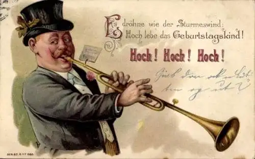 Litho Glückwunsch Geburtstag, Musizierender Mann, Trompete