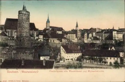 Ak Bautzen in der Oberlausitz, Westansicht, Fischergasse, alte Wasserkunst, Michaeliskirche